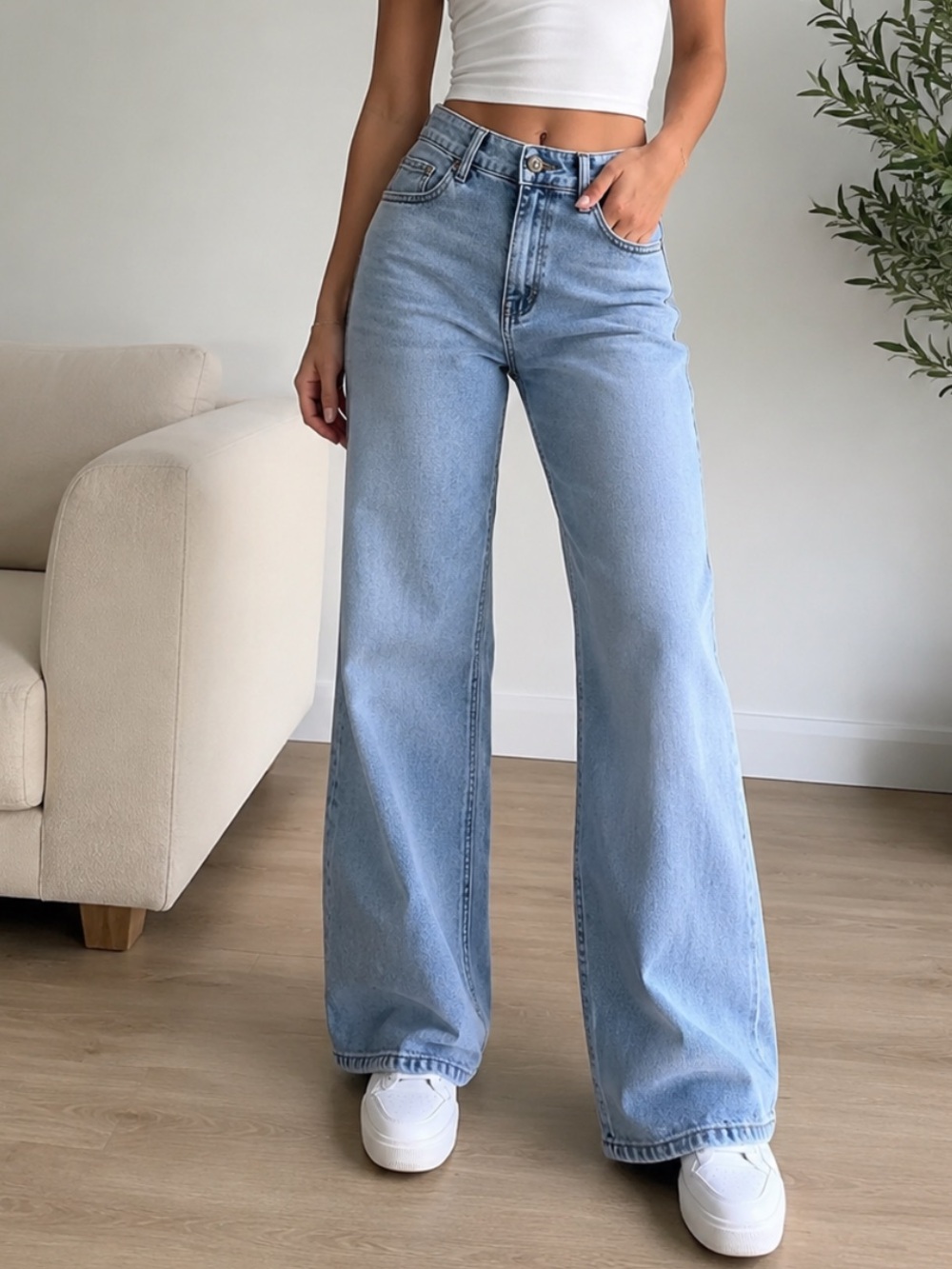 High-Rise Wide Leg Jeans in Light Wash Blue